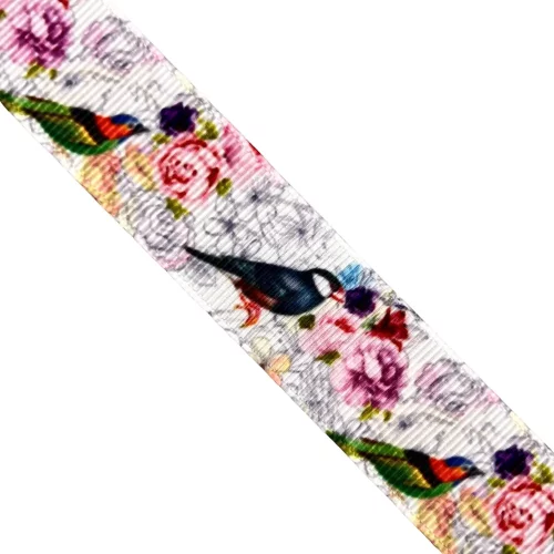 Grosgrain -nauha 22mm, pikkulinnut ja ruusut valkoinen